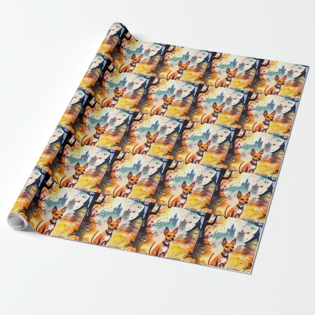Halloween Basenji With Pumpkins Scary  Wrapping Paper (Unrolled)