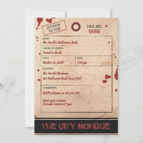 Halloween Bash Adult Toe Tag Morgue Blood Party Invitation