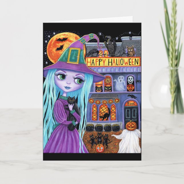 Halloween Bash Black Cat Cute Witch Haunted House Card (Front)