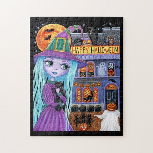 Halloween Bash Black Cat Cute Witch Haunted House Jigsaw Puzzle