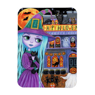 Halloween Bash Black Cat Cute Witch Haunted House Magnet