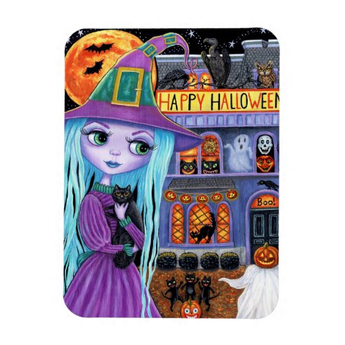 Halloween Bash Black Cat Cute Witch Haunted House  Magnet