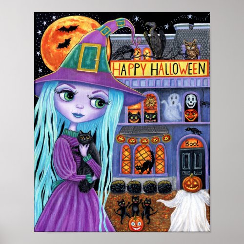 Halloween Bash Black Cat Cute Witch Haunted House  Poster