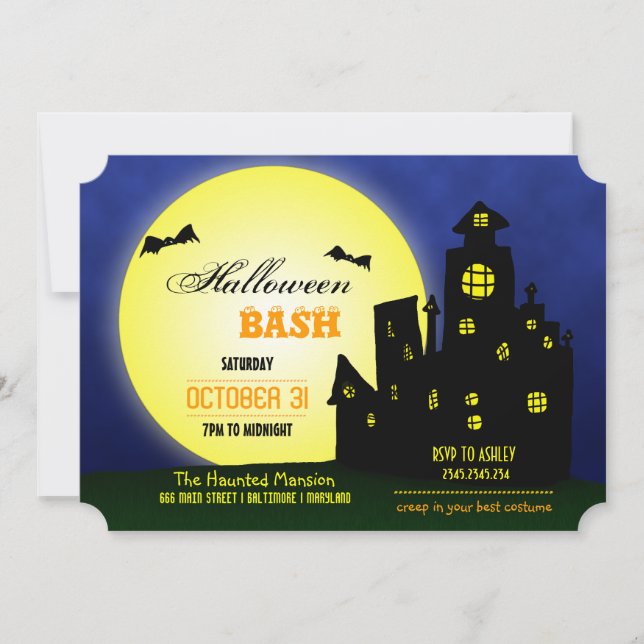 Halloween Bash Haunted Castle | Bats | Moon Invitation (Front)