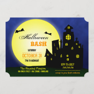 Halloween Bash Haunted Castle Bats Moon Invitation