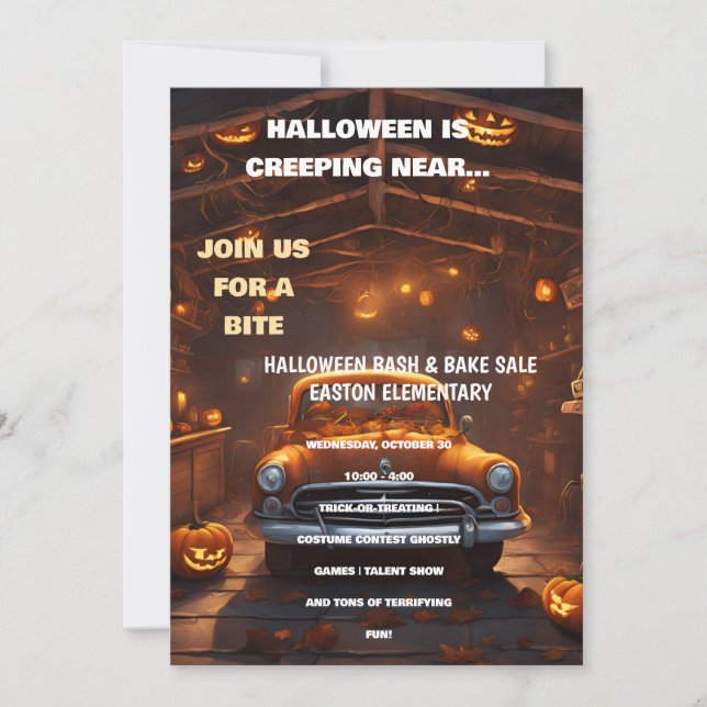Halloween Bash Invitation with Orange Car (Front)