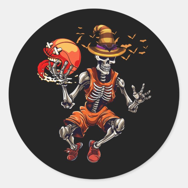 Halloween Basketball Skeleton Dunking Jack O Lante Classic Round Sticker (Front)