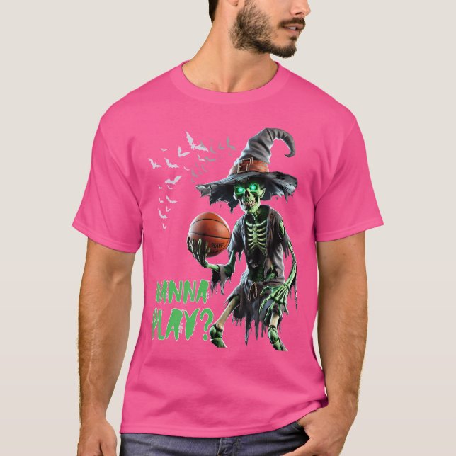 Halloween Basketball Wanna Play Spooky Skeletal Wi T-Shirt (Front)
