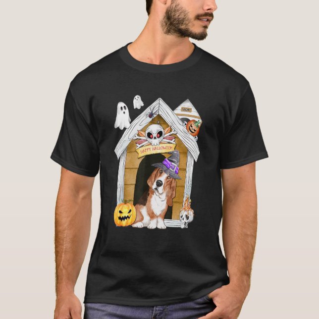 Halloween Basset Hound Dog Witch Haunted House T-Shirt (Front)