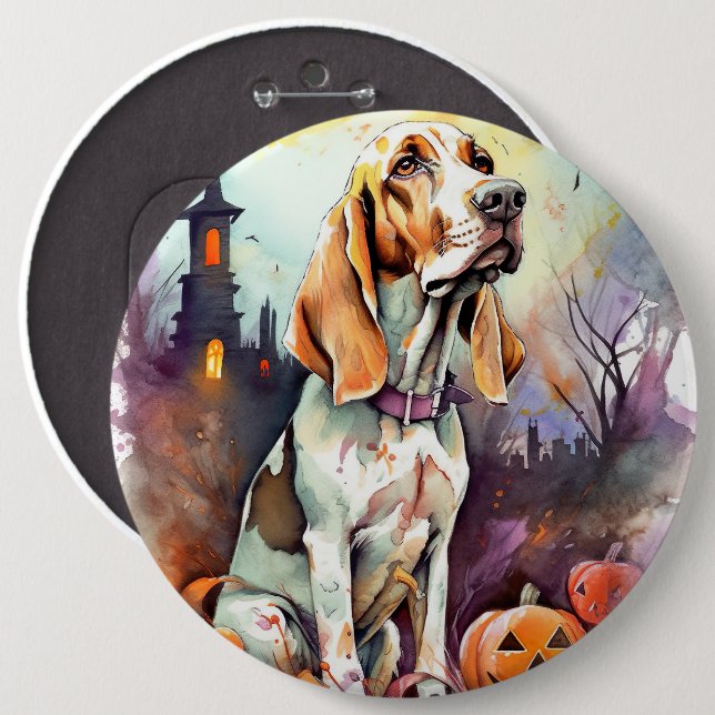Halloween Basset Hound With Pumpkins Scary Button (Front & Back)