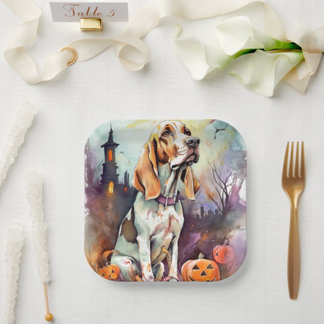 Halloween Basset Hound With Pumpkins Scary  Paper Plates (Wedding)