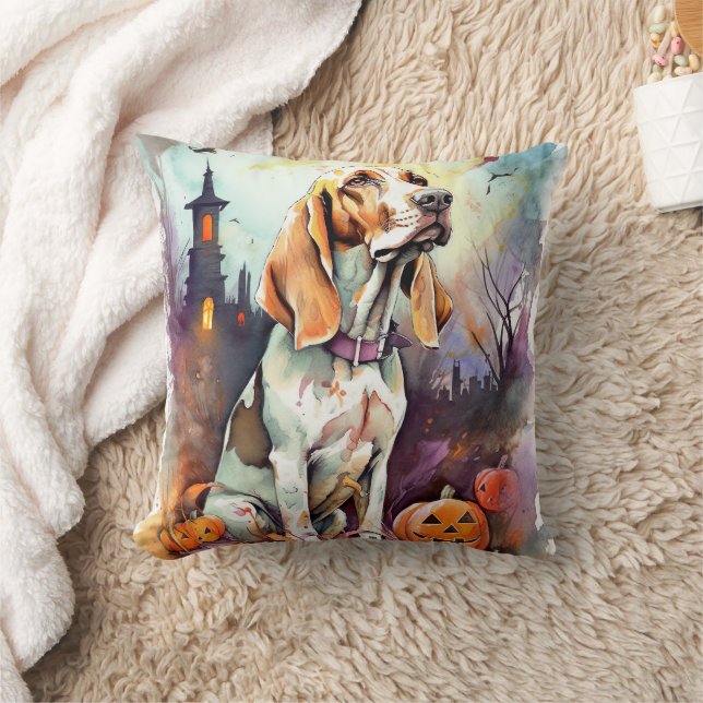 Halloween Basset Hound With Pumpkins Scary Throw Pillow (Blanket)