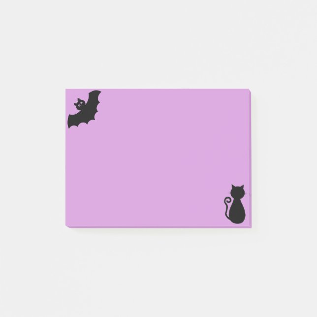 Halloween bat and black cat on violet post-it notes (Front)