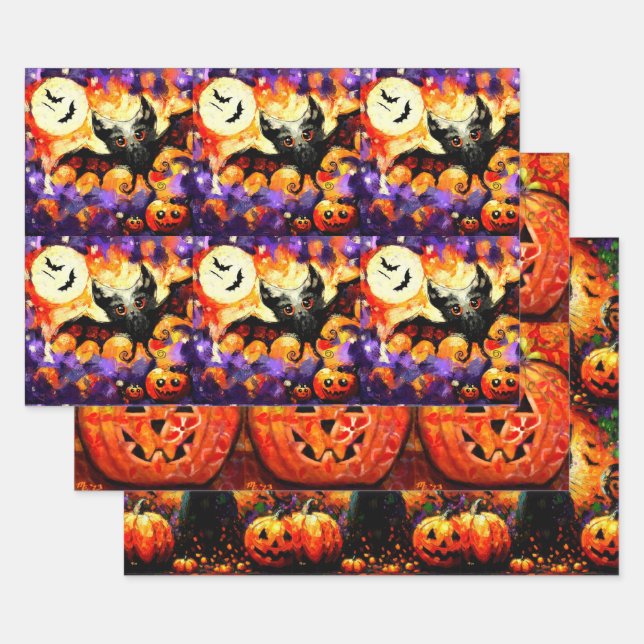 Halloween Bat Black Cat Jack-o-Lantern Decoupage Wrapping Paper Sheets (Set)