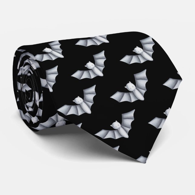 Halloween Bat Black White Pattern Neck Tie (Rolled)