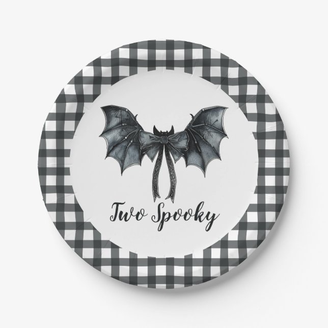 Halloween Bat Bow Two Spooky 2nd Birthday Paper Plates (Front)