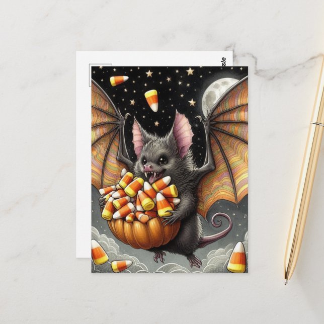 Halloween Bat Creature With Candy Postcard (Front/Back In Situ)