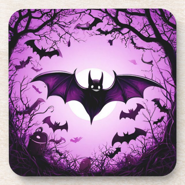 Halloween Bat Flying Over Moonlit Sky Beverage Coaster (Front)