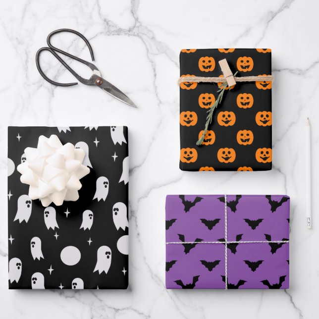 halloween bat ghost pumpkin wrapping paper sheets (Front)