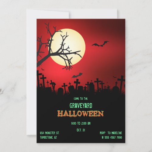 Halloween Bat Moon Social Graveyard Cemetary Invitation