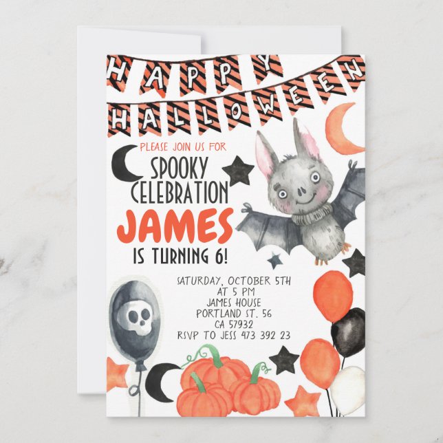 Halloween Bat Pumpkin Birthday Invitation  (Front)