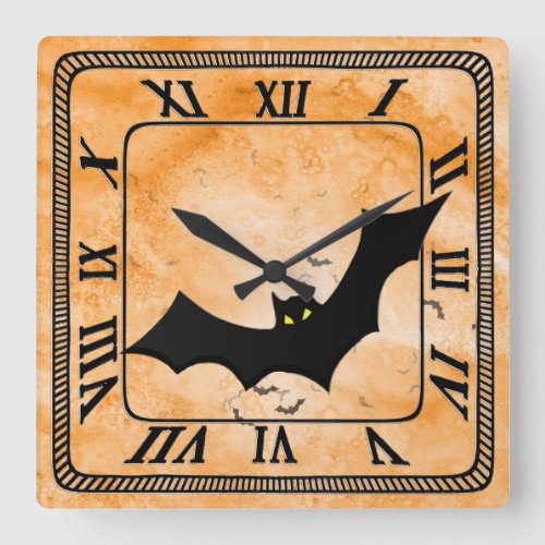 Halloween Bat Silhouettes Orange Square Grunge BG Square Wall Clock