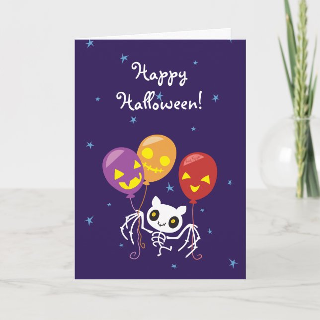 Halloween Bat Skeleton Flying With Balloons Card (Front)