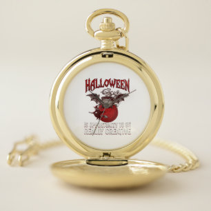 Halloween Bat Winged Cauldron Flying Witch Ghost Pocket Watch
