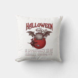 Halloween Bat Winged Cauldron Flying Witch Ghost Throw Pillow