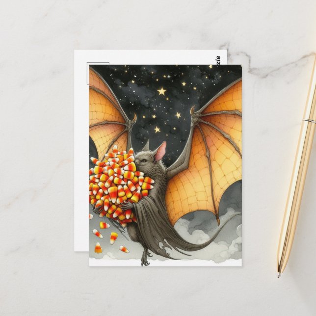 Halloween Bat With Candy Postcard (Front/Back In Situ)