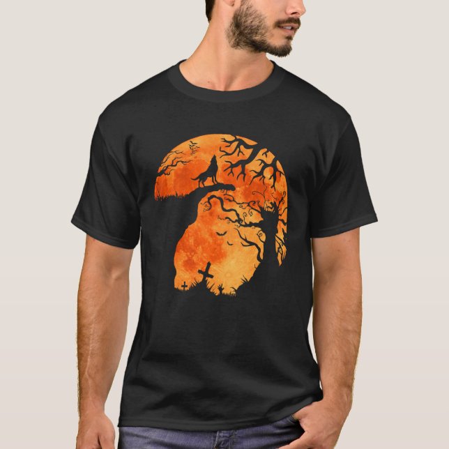Halloween Bats and Black Wolf Howling Moon T-Shirt (Front)