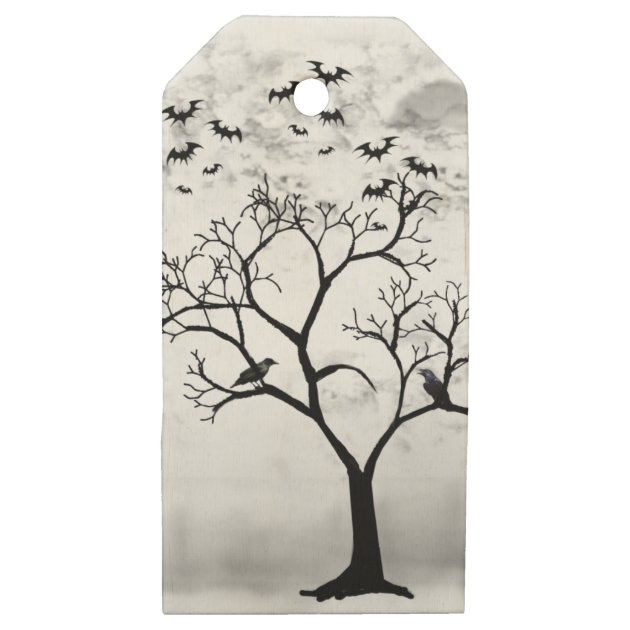 Halloween Bats And Crows In Scary Tree Wooden Gift Tags