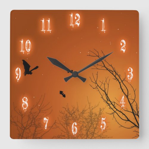 Halloween Bats and Trees Square Wall Clock