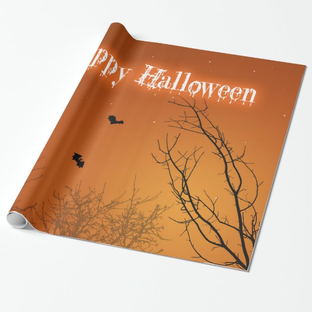 Halloween Bats and Trees Wrapping Paper (Unrolled)