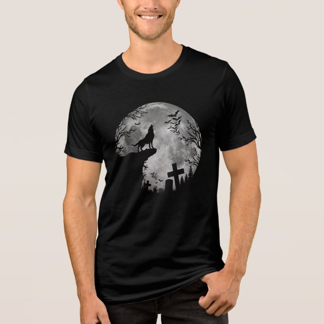 Halloween Bats and Wolf Howling Moon Tri-Blend Shirt (Front)