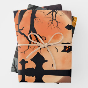 Halloween Bats Black Cat Purple, Orange Pumpkin Wrapping Paper Sheets