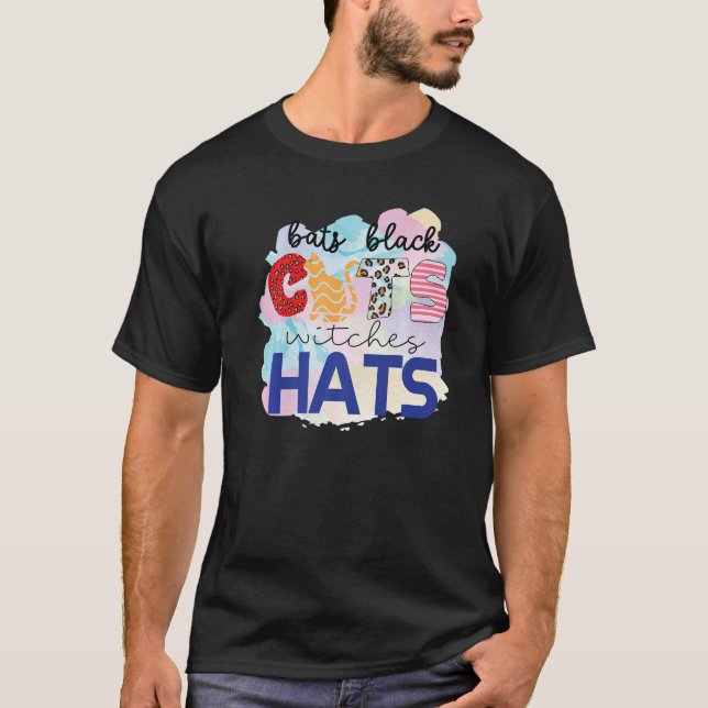 Halloween Bats Black Cats Witches Hats Cat Mom T-Shirt (Front)