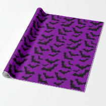 Halloween Bats Black Pattern Purple Background Wrapping Paper