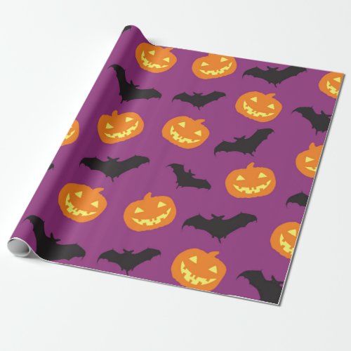 Halloween Bats  Carved Pumpkins on Purple Wrapping Paper