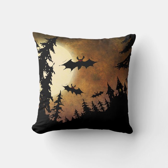 Halloween Bats, Castle and Moon Throw Pillow (Front)