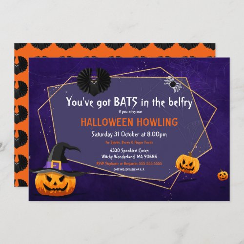 Halloween Bats funny Typography Blue Orange Party Invitation