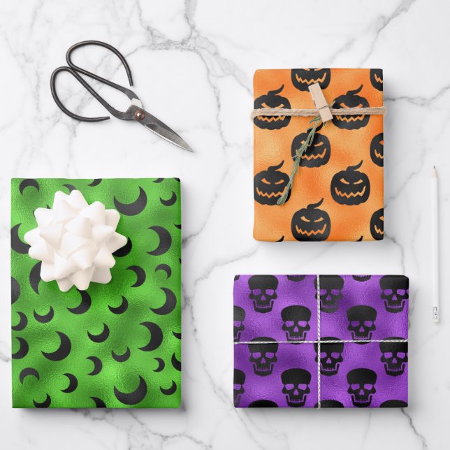 HALLOWEEN BATS HALF MOONS & PUMPKINS WRAPPING PAPER SHEETS (Front)