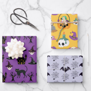 HALLOWEEN BATS HATS CAULDRONS SKULLS BROOMS WRAPPING PAPER SHEETS