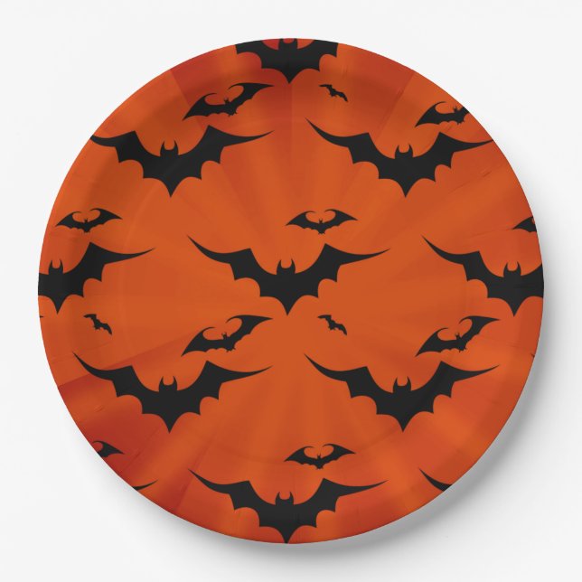 Halloween Bats on Orange Background Paper Plates (Front)