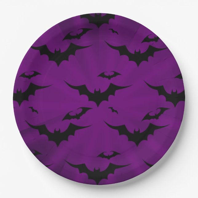 Halloween Bats on Purple Background Paper Plates (Front)