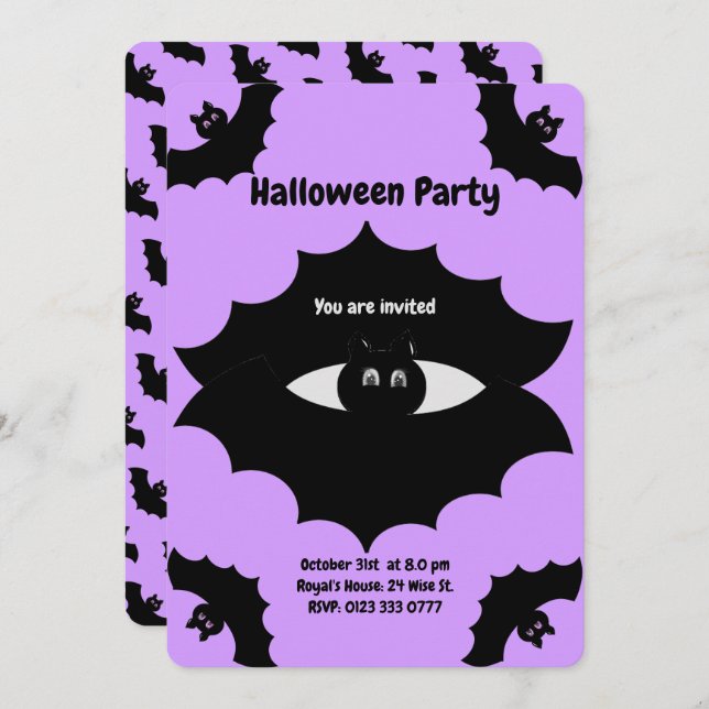 Halloween Bats on Violet Invitation (Front/Back)