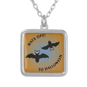 Halloween Bats Orange Blue Silver Plated Necklace