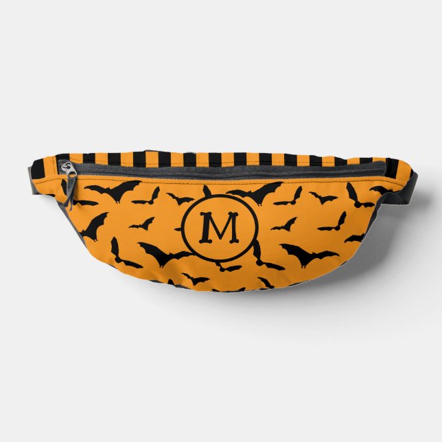 Halloween Bats Pattern Orange Black Monogram Fanny Pack (Lay Down)
