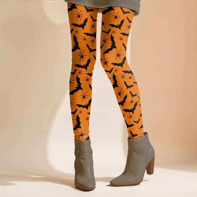 Halloween Bats Spiders Spooky Cute Orange Black  Leggings (Creator Uploaded)