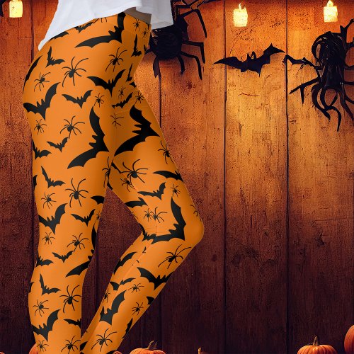 Halloween Bats Spiders Spooky Cute Orange Black  Leggings